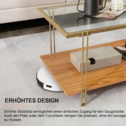 100 cm Langer Couchtisch aus Glas Rechteckiger Glastisch mit 2 Ebenen 100 x 46 x 50 cm Gold
