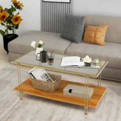 100 cm Langer Couchtisch aus Glas Rechteckiger Glastisch mit 2 Ebenen 100 x 46 x 50 cm Gold