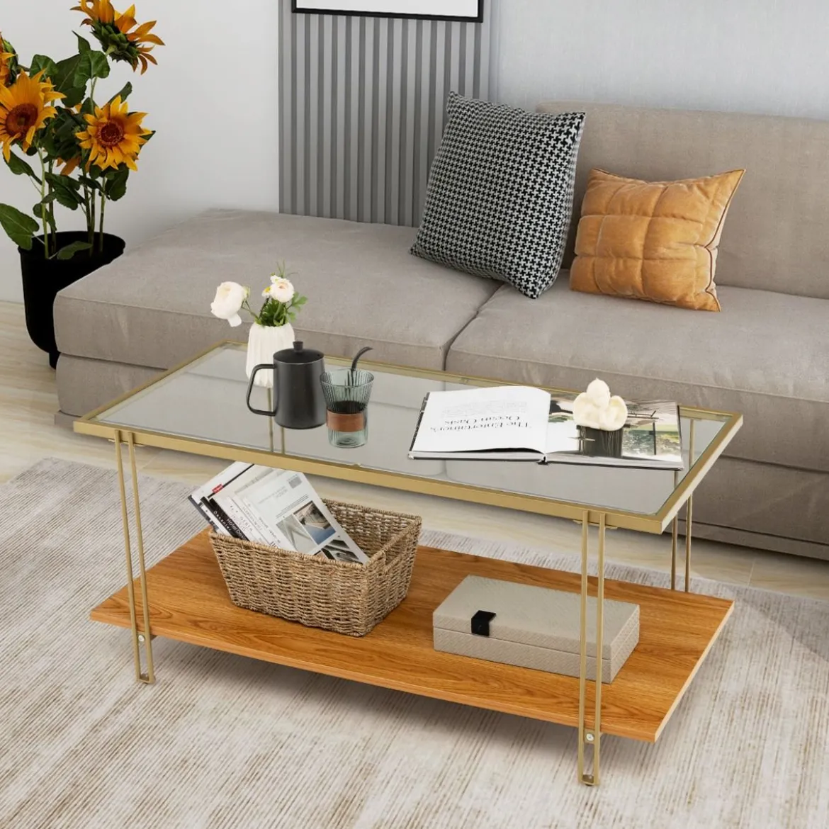 100 cm Langer Couchtisch aus Glas Rechteckiger Glastisch mit 2 Ebenen 100 x 46 x 50 cm Gold