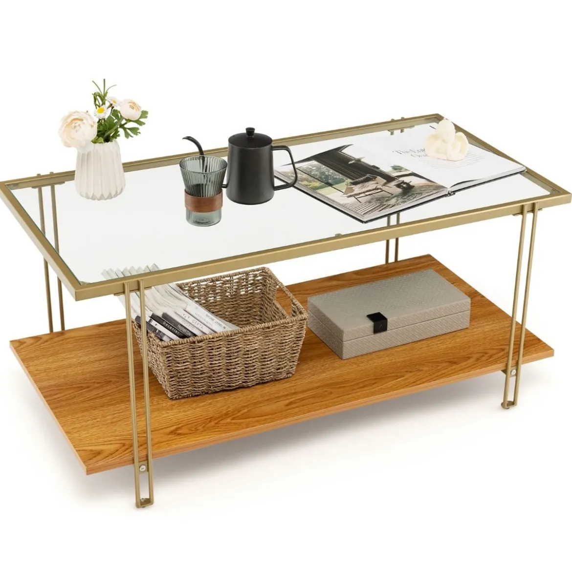 100 cm Langer Couchtisch aus Glas Rechteckiger Glastisch mit 2 Ebenen 100 x 46 x 50 cm Gold