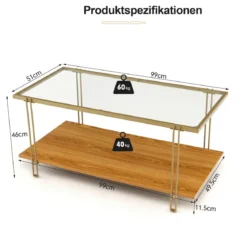 100 cm Langer Couchtisch aus Glas Rechteckiger Glastisch mit 2 Ebenen 100 x 46 x 50 cm Gold