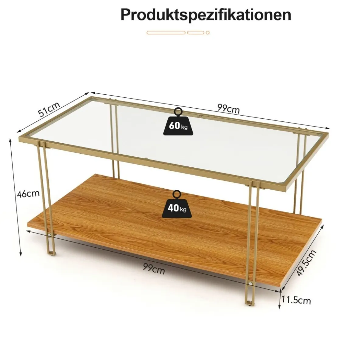 100 cm Langer Couchtisch aus Glas Rechteckiger Glastisch mit 2 Ebenen 100 x 46 x 50 cm Gold