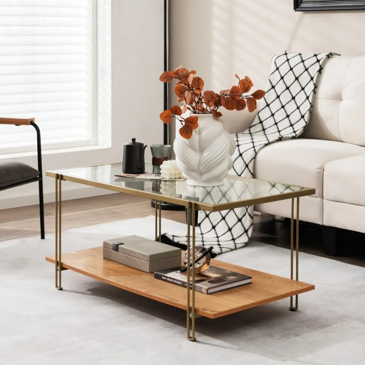 100 cm Langer Couchtisch aus Glas Rechteckiger Glastisch mit 2 Ebenen 100 x 46 x 50 cm Gold