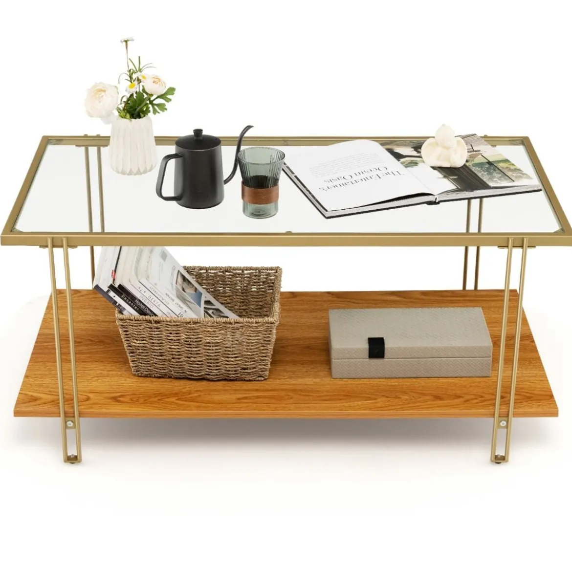 100 cm Langer Couchtisch aus Glas Rechteckiger Glastisch mit 2 Ebenen 100 x 46 x 50 cm Gold