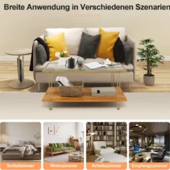 100 cm Langer Couchtisch aus Glas Rechteckiger Glastisch mit 2 Ebenen 100 x 46 x 50 cm Gold