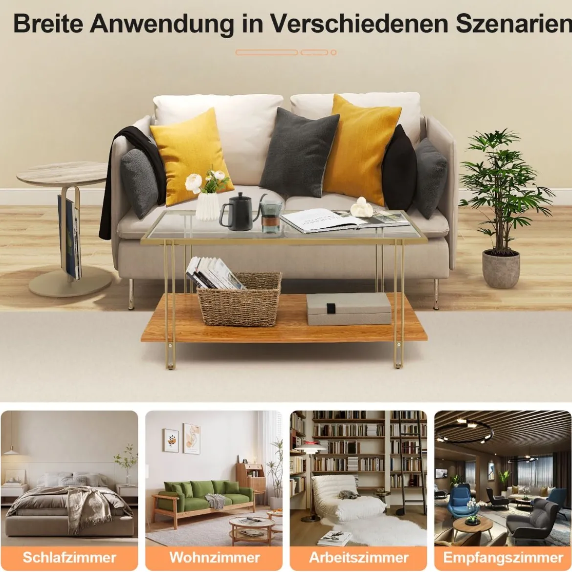 100 cm Langer Couchtisch aus Glas Rechteckiger Glastisch mit 2 Ebenen 100 x 46 x 50 cm Gold