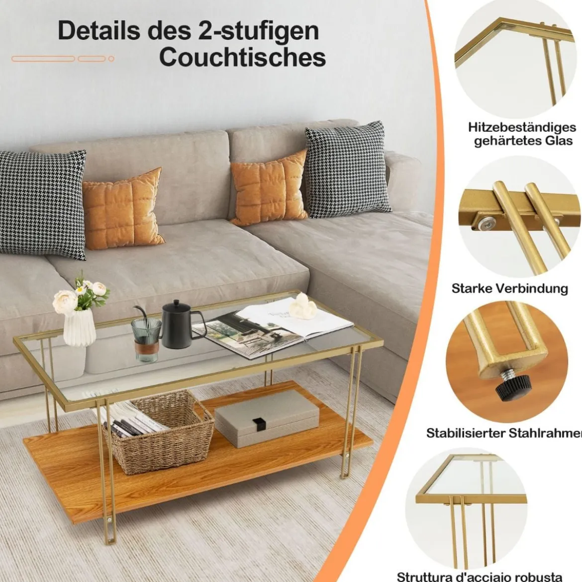 100 cm Langer Couchtisch aus Glas Rechteckiger Glastisch mit 2 Ebenen 100 x 46 x 50 cm Gold