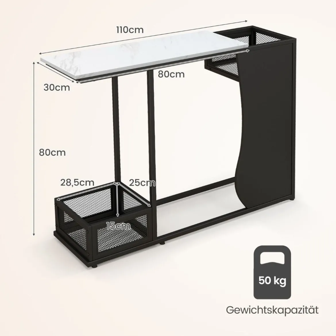 110 cm Langer Konsolentisch mit Kunstmarmorplatte 2 Stellen für Pflanzen Weiß + Schwarz