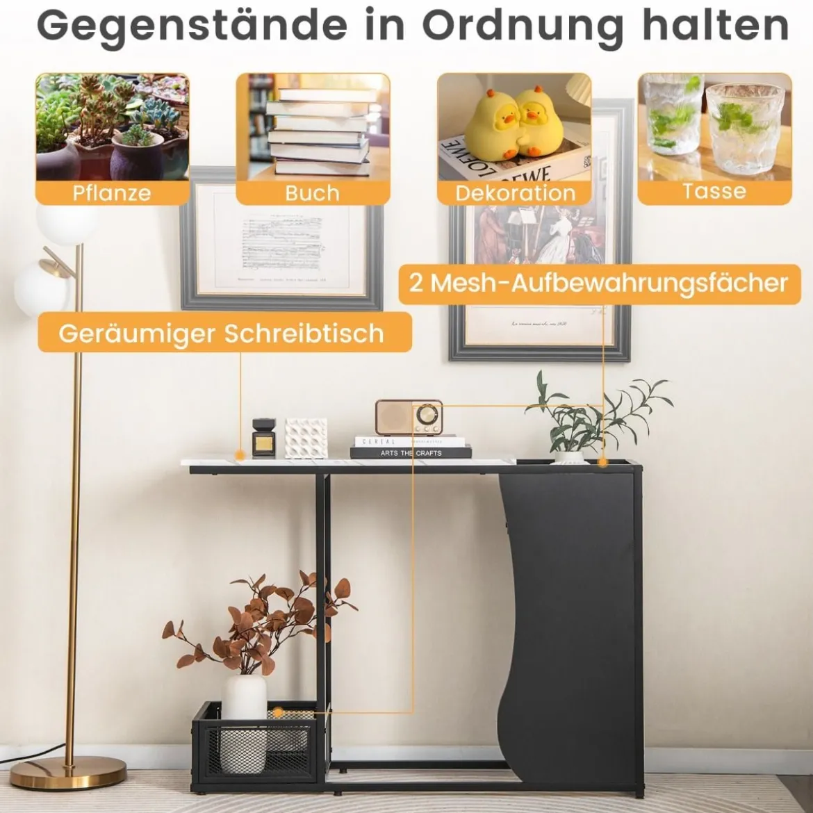 110 cm Langer Konsolentisch mit Kunstmarmorplatte 2 Stellen für Pflanzen Weiß + Schwarz