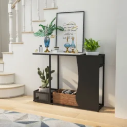 110 cm Langer Konsolentisch mit Kunstmarmorplatte 2 Stellen für Pflanzen Weiß + Schwarz