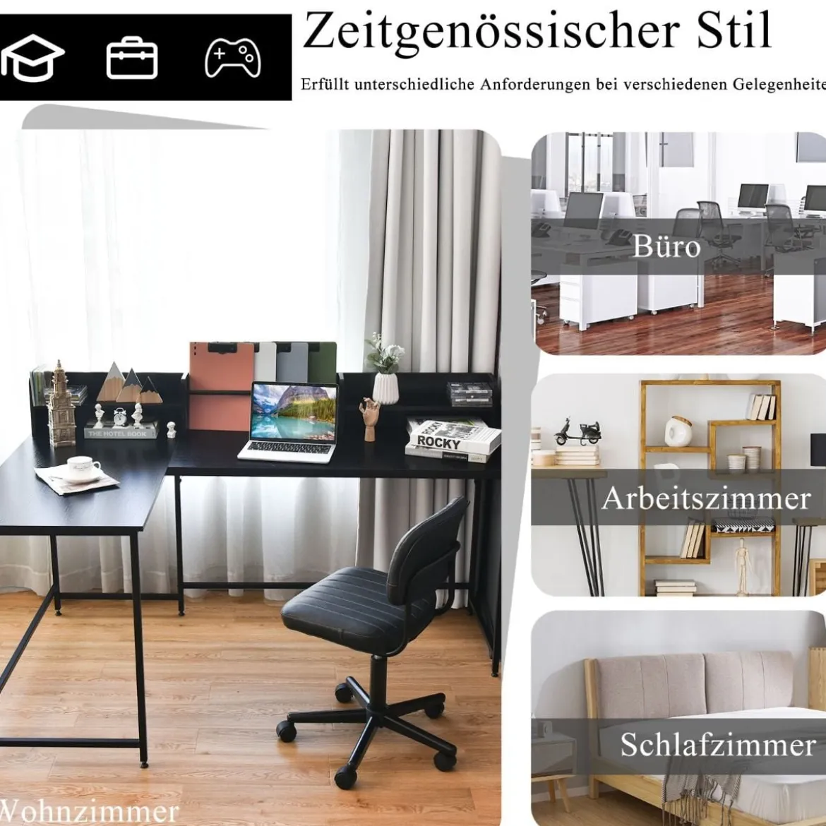 166 cm Langer L-Förmiger Arbeitstisch Computertisch mit Ablagen und Aktenregal Schwarz
