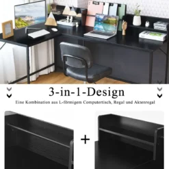 166 cm Langer L-Förmiger Arbeitstisch Computertisch mit Ablagen und Aktenregal Schwarz
