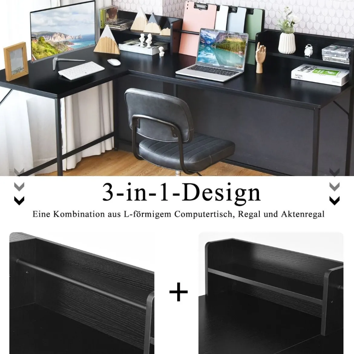 166 cm Langer L-Förmiger Arbeitstisch Computertisch mit Ablagen und Aktenregal Schwarz