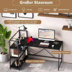 148 cm langer L-förmiger Computertisch mit offenen Ablagen platzsparender Schreibtisch zum moderner Arbeitsplatz Schwarz