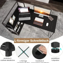 148 cm langer L-förmiger Computertisch mit offenen Ablagen platzsparender Schreibtisch zum moderner Arbeitsplatz Schwarz