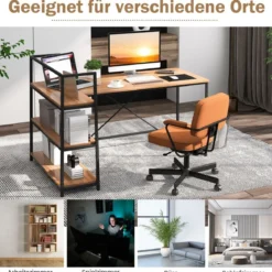 148 cm langer L-förmiger Computertisch mit offenen Ablagen platzsparender Schreibtisch zum moderner Arbeitsplatz Walnuss
