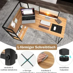 148 cm langer L-förmiger Computertisch mit offenen Ablagen platzsparender Schreibtisch zum moderner Arbeitsplatz Walnuss