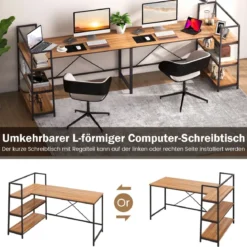 148 cm langer L-förmiger Computertisch mit offenen Ablagen platzsparender Schreibtisch zum moderner Arbeitsplatz Walnuss