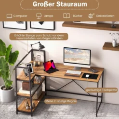 148 cm langer L-förmiger Computertisch mit offenen Ablagen platzsparender Schreibtisch zum moderner Arbeitsplatz Walnuss