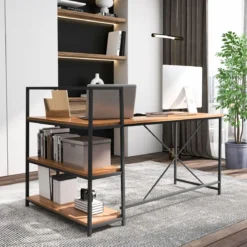 148 cm langer L-förmiger Computertisch mit offenen Ablagen platzsparender Schreibtisch zum moderner Arbeitsplatz Walnuss