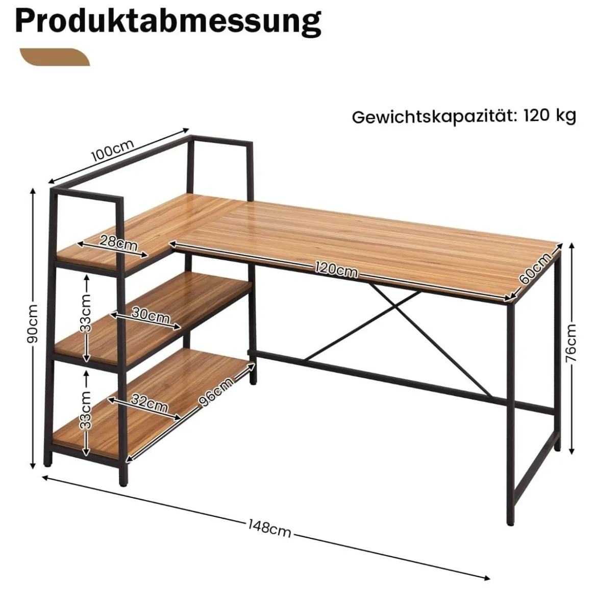 148 cm langer L-förmiger Computertisch mit offenen Ablagen platzsparender Schreibtisch zum moderner Arbeitsplatz Walnuss