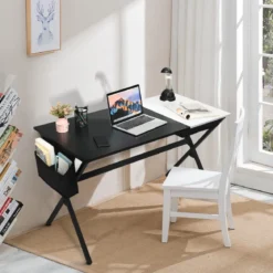 120 cm langer Schreibtisch mit Würfelschublade & Seitentasche Computertisch Schwarz+ Weiß