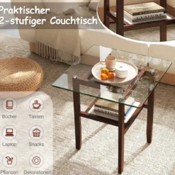61 cm langer und breiter Beistelltisch aus Glas 2-stöckiger Glastisch mit Ablagefläche Braun