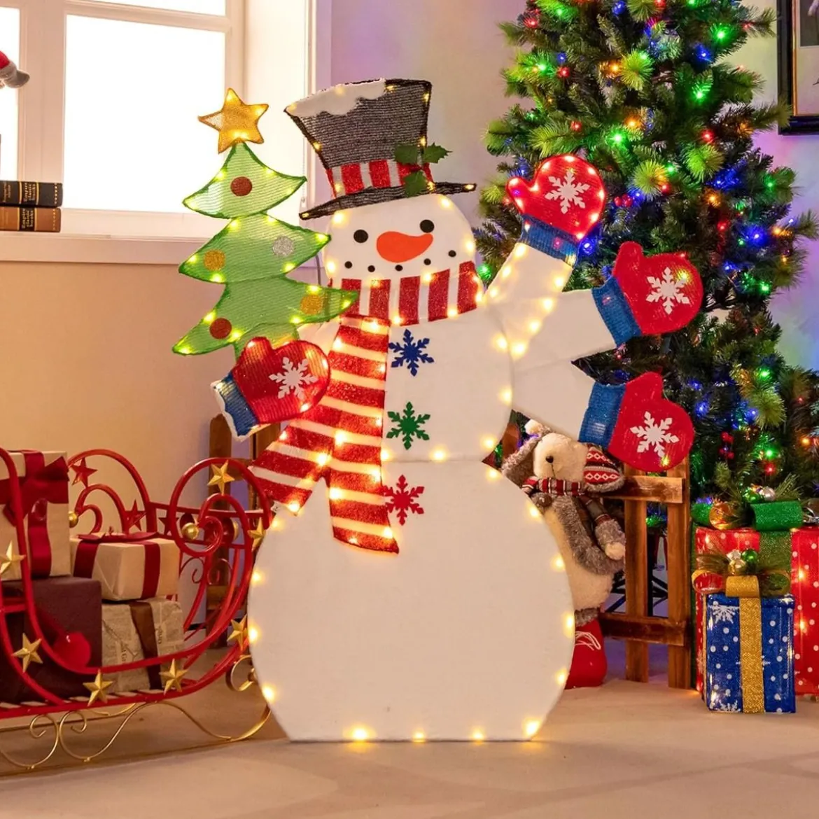 123 cm LED Weihnachtsdeko Schneemann mit Winkender Hand & 140 Warmweiß LEDs