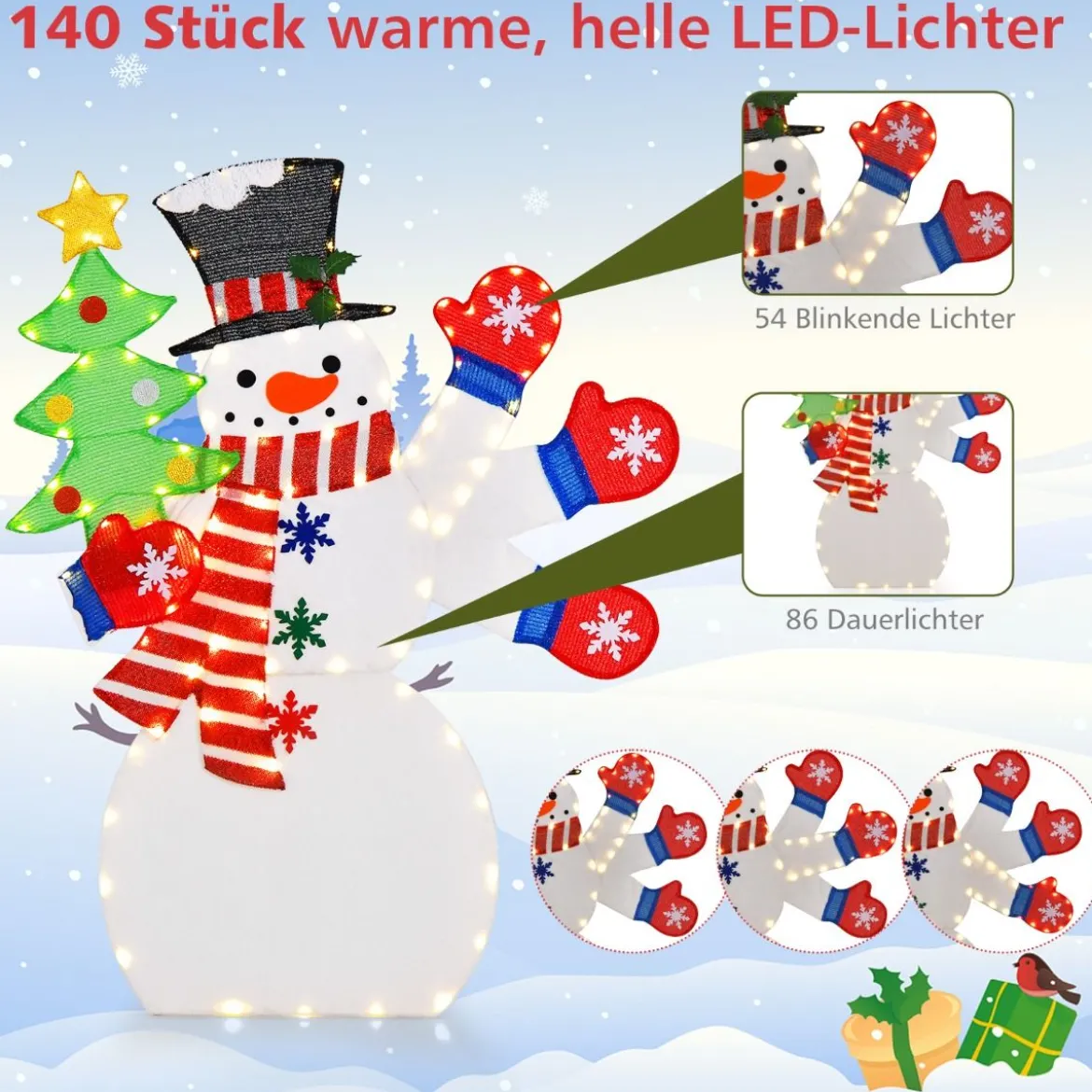 123 cm LED Weihnachtsdeko Schneemann mit Winkender Hand & 140 Warmweiß LEDs