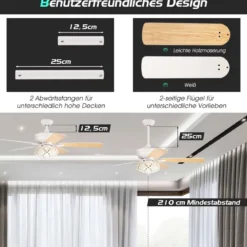 132cm leiser Deckenventilator Holz mit Beleuchtung umkehrbar Ventilator mit Lampe 4H Timer Weiß