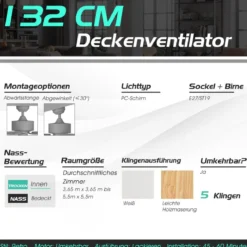 132cm leiser Deckenventilator Holz mit Beleuchtung umkehrbar Ventilator mit Lampe 4H Timer Weiß