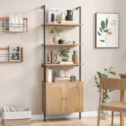 180cm Leiterregal mit Rattanschrank & 3 Ablagen & Metallrahmen Bücherregal Wandregal Standregal