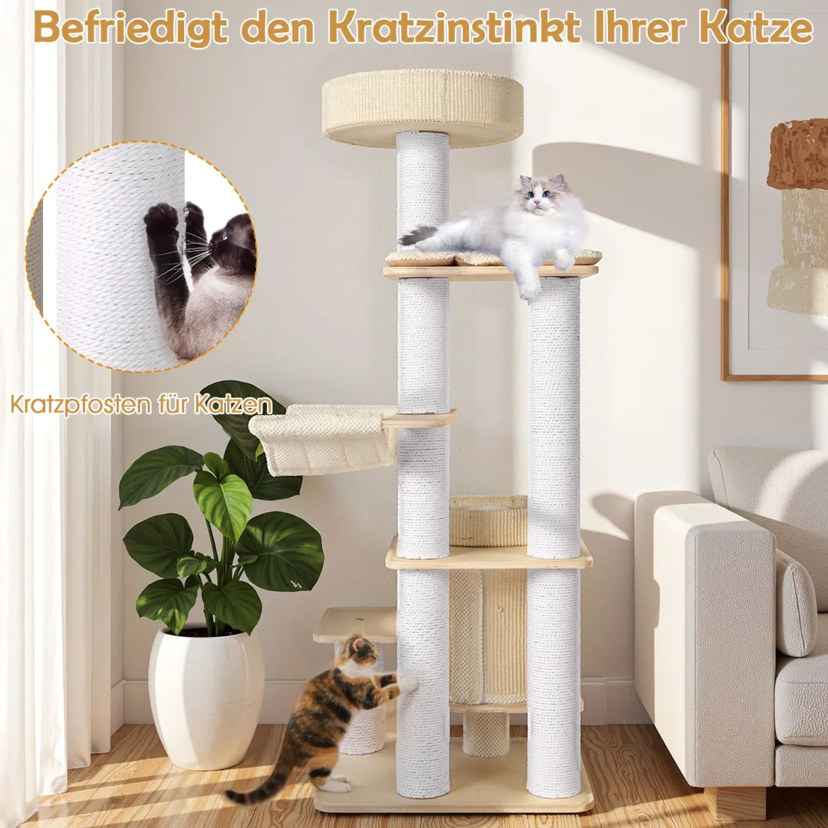 151 cm Mehrstöckiger Kratzbaum moderner Katzenbaum mit gepolstertem Aussichtsplatz Weiß