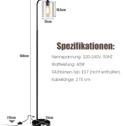 168 cm Modern Stehlampe mit Fußschalter & E27-Glühlampensockel & Glaslampenschirm Schwarz