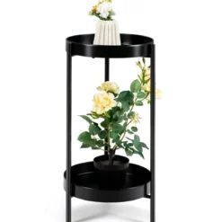 Ø 30 cm Pflanzenständer 2-stöckiger Blumenständer Metall mit Ablage Schwarz