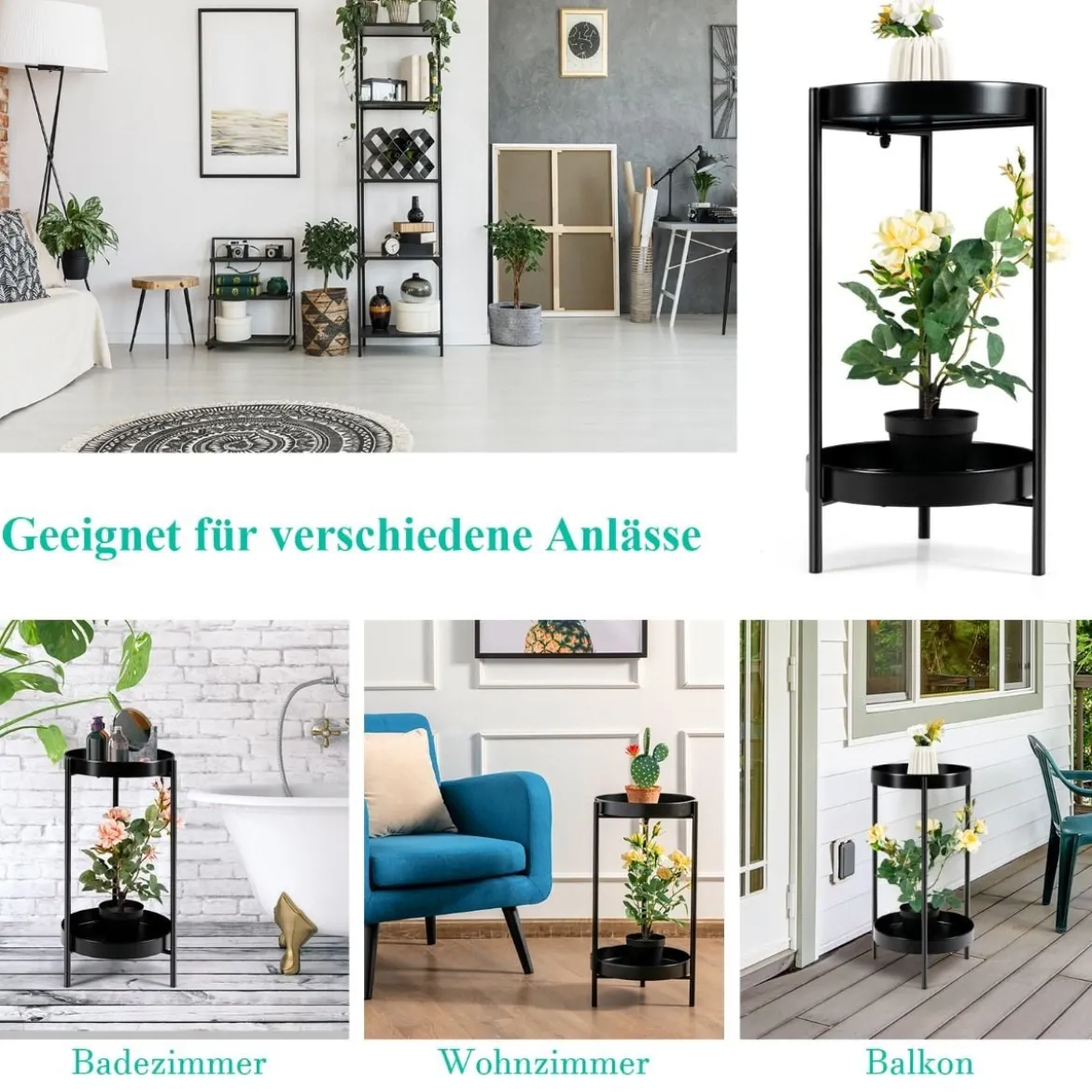 Ø 30 cm Pflanzenständer 2-stöckiger Blumenständer Metall mit Ablage Schwarz