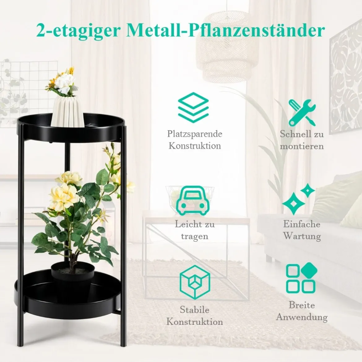 Ø 30 cm Pflanzenständer 2-stöckiger Blumenständer Metall mit Ablage Schwarz