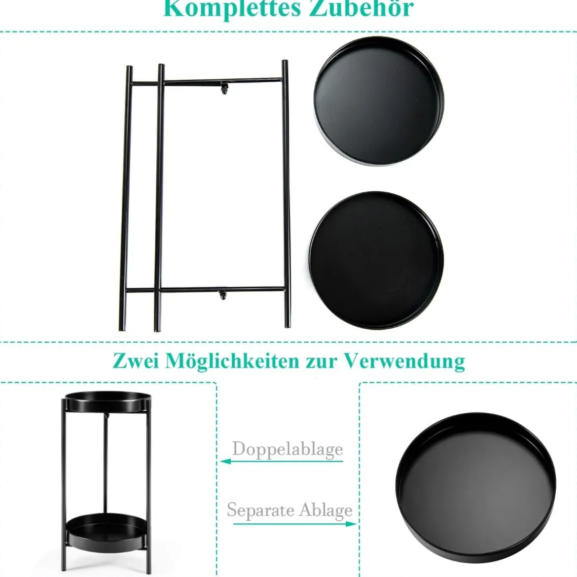 Ø 30 cm Pflanzenständer 2-stöckiger Blumenständer Metall mit Ablage Schwarz