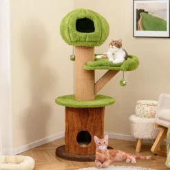 148 cm Pilz-Katzenbaum mit 2 Niedlichen Höhlen & Plüsch-Liegeplatz Katzenturm Kletterturm