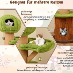 148 cm Pilz-Katzenbaum mit 2 Niedlichen Höhlen & Plüsch-Liegeplatz Katzenturm Kletterturm