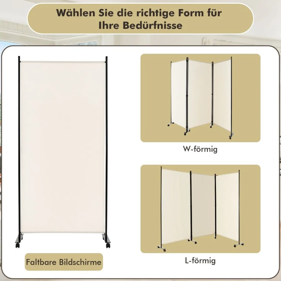 180 cm Raumteiler auf Rädern Klappbarer Paravent mit 3 frei kombinierbaren Paneelen Beige