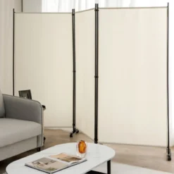 180 cm Raumteiler auf Rädern Klappbarer Paravent mit 3 frei kombinierbaren Paneelen Beige