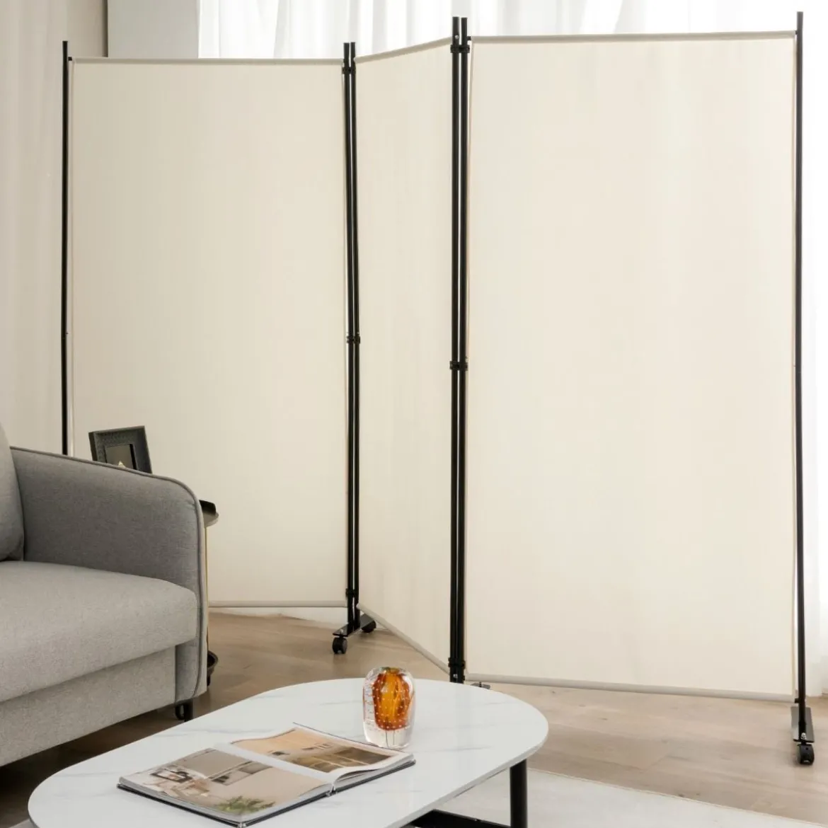 180 cm Raumteiler auf Rädern Klappbarer Paravent mit 3 frei kombinierbaren Paneelen Beige