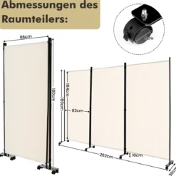180 cm Raumteiler auf Rädern Klappbarer Paravent mit 3 frei kombinierbaren Paneelen Beige