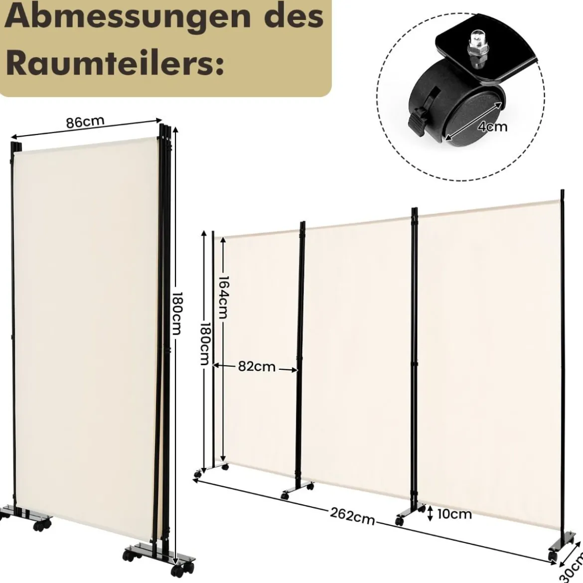 180 cm Raumteiler auf Rädern Klappbarer Paravent mit 3 frei kombinierbaren Paneelen Beige