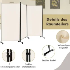 180 cm Raumteiler auf Rädern Klappbarer Paravent mit 3 frei kombinierbaren Paneelen Beige
