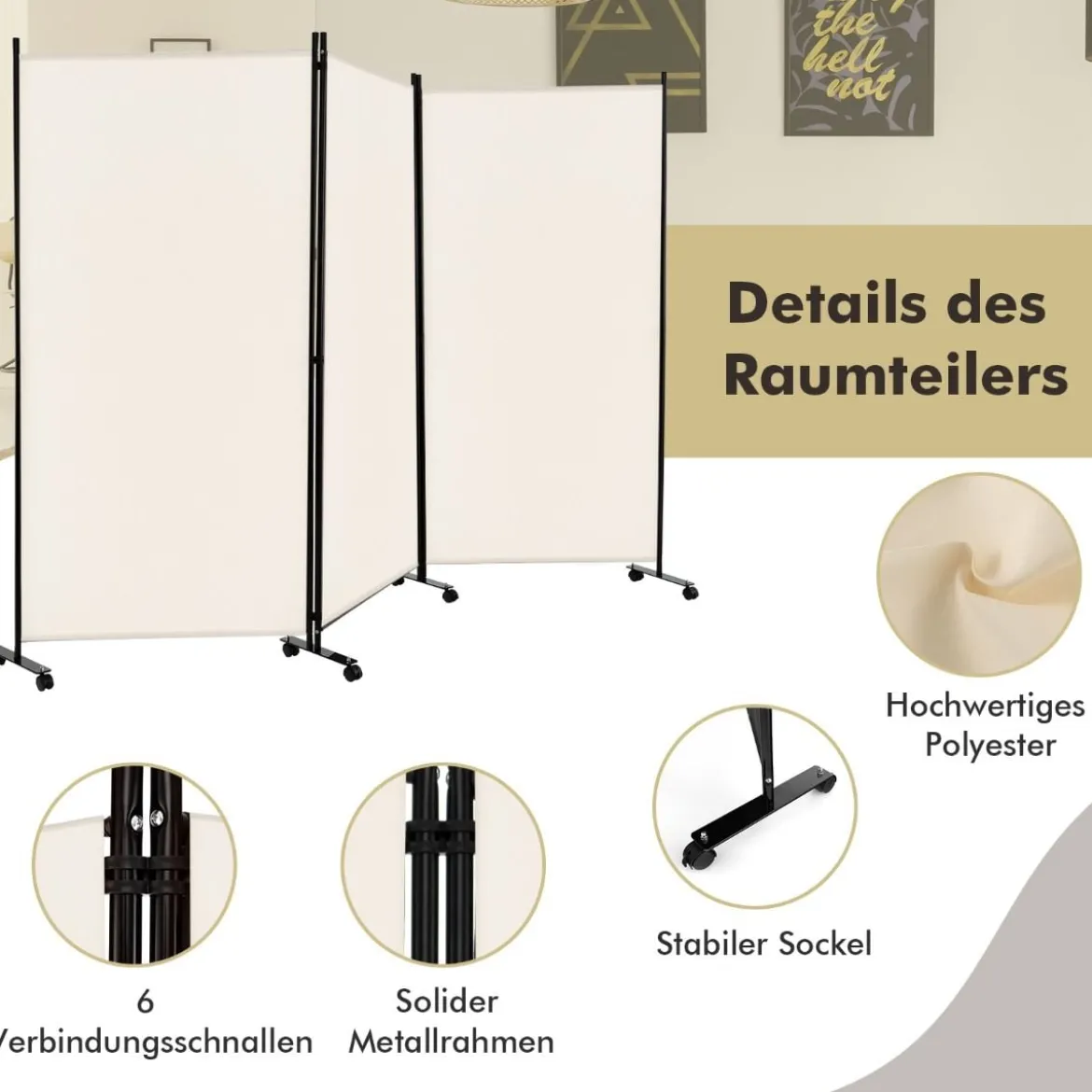180 cm Raumteiler auf Rädern Klappbarer Paravent mit 3 frei kombinierbaren Paneelen Beige