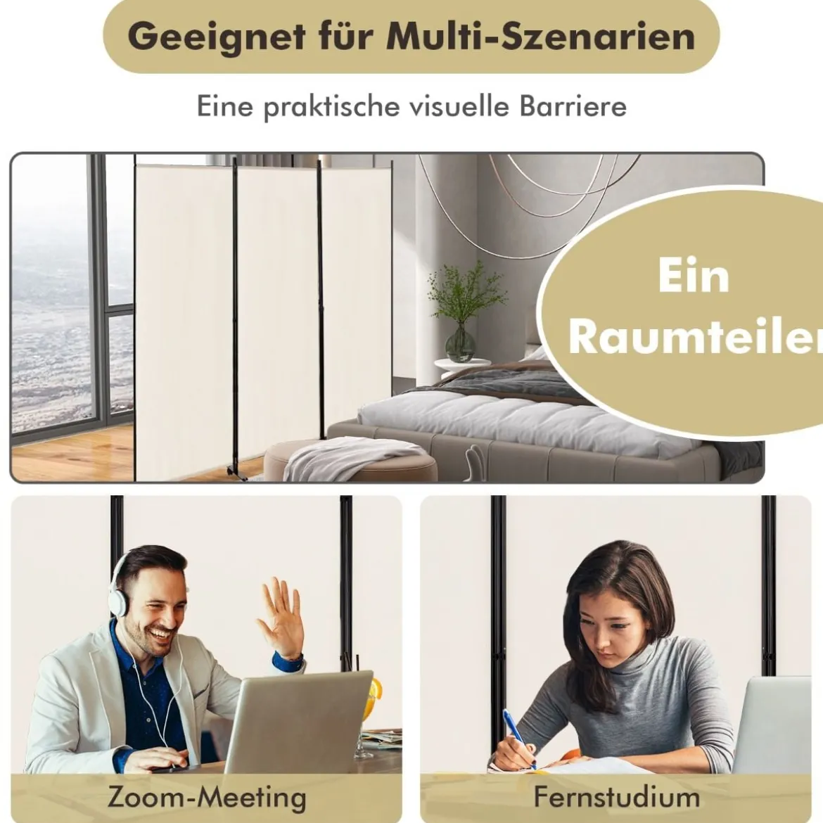 180 cm Raumteiler auf Rädern Klappbarer Paravent mit 3 frei kombinierbaren Paneelen Beige