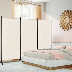 180 cm Raumteiler auf Rädern Klappbarer Paravent mit 3 frei kombinierbaren Paneelen Beige