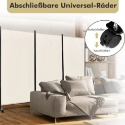 180 cm Raumteiler auf Rädern Klappbarer Paravent mit 3 frei kombinierbaren Paneelen Beige